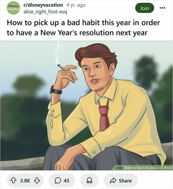 Man in yellow shirt holding a cigarette with a funny rewritten wikiHow caption about bad habits and New Year's resolutions