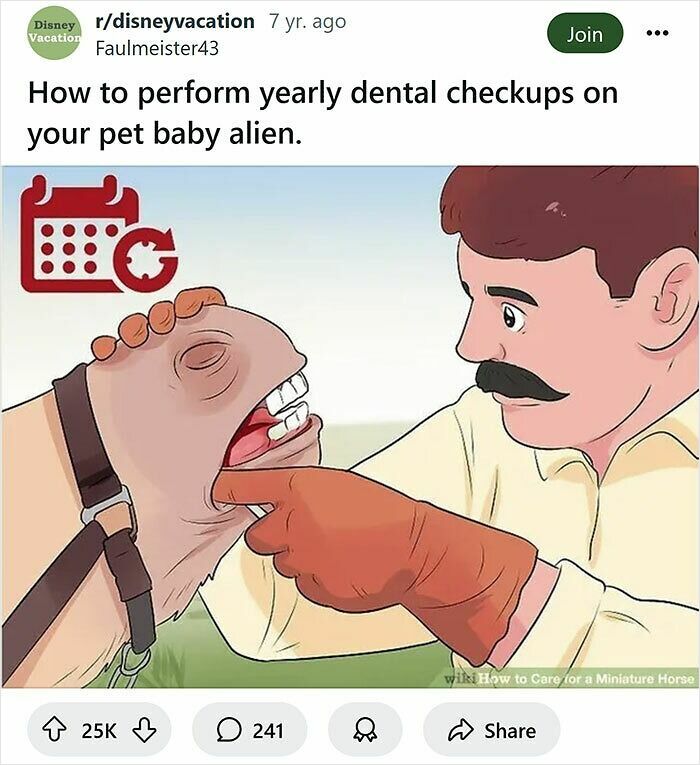 Man wearing gloves performs yearly dental checkup on a pet baby alien in a funny WikiHow caption rewrite.