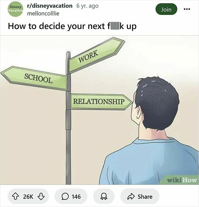 Man in a blue shirt looking at funny wikiHow style signposts for work, school, and relationship choices.