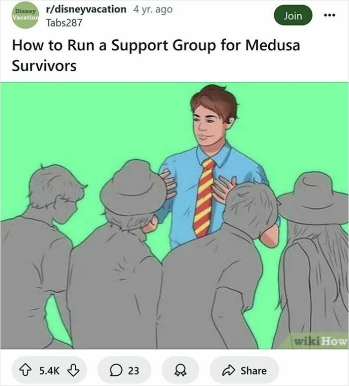 Illustration of a man leading a support group with rewritten WikiHow captions for humor and SEO keyword.