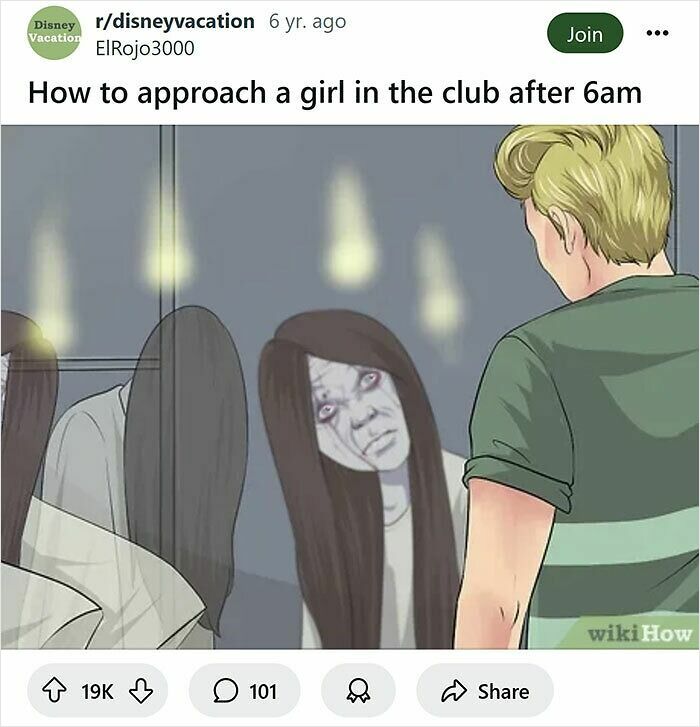 Man looking at a creepy girl with long hair in a club, funny wikiHow caption rewrite from popular Reddit post.