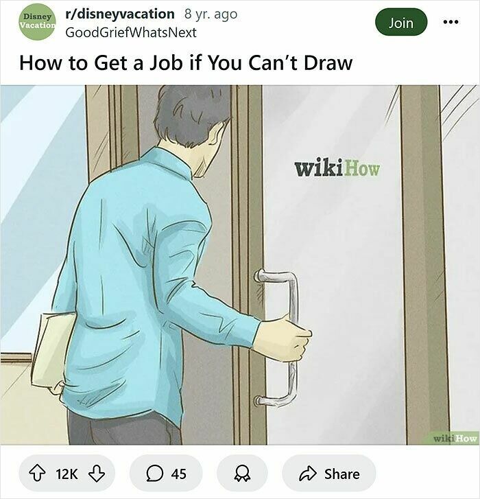 Person in a blue shirt opening a door labeled wikiHow, illustrating funny rewrites of wikiHow captions.