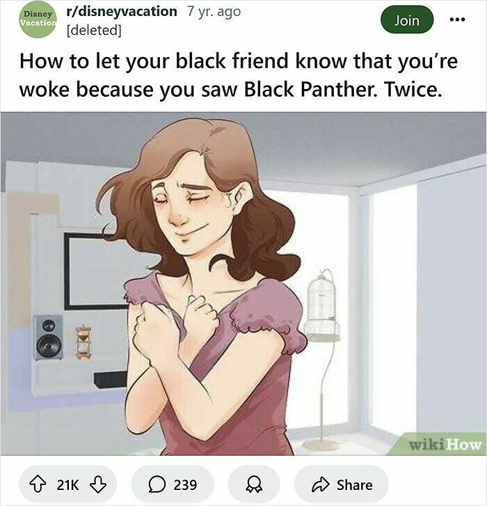 Woman doing a self-hug in a room, rewritten WikiHow caption humorously highlighting woke Black Panther reference.