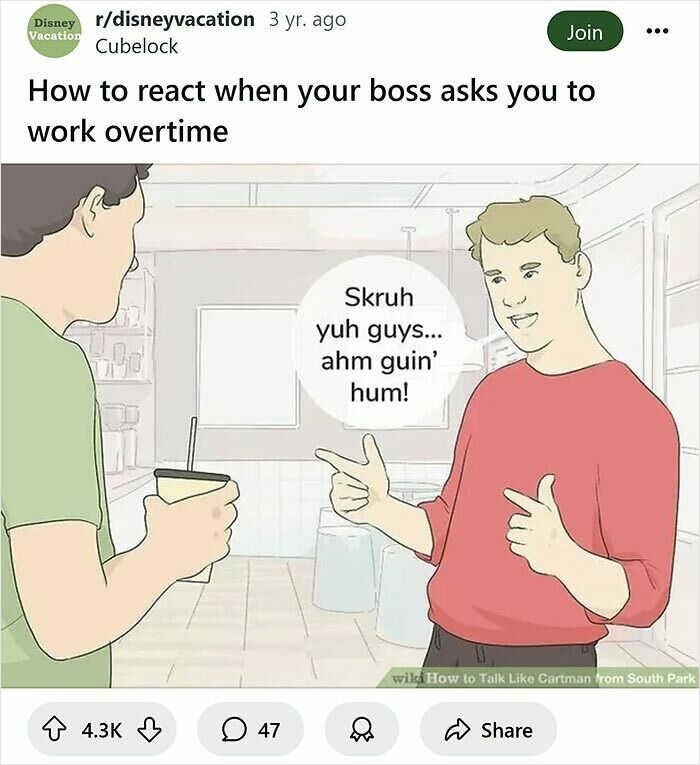 Illustration of two men, one humorously refusing to work overtime, showcasing funny rewritten WikiHow captions.