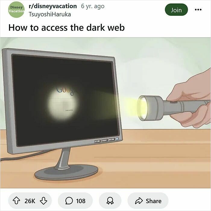 Hand holding flashlight shining on computer screen with Google search, humorous WikiHow caption rewrite example.