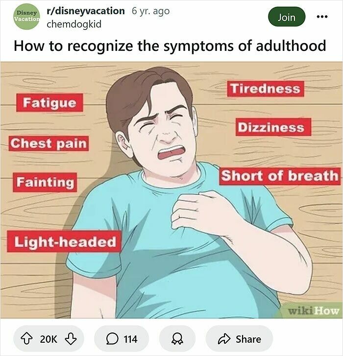 Man clutching chest with captions listing symptoms like fatigue, dizziness, and shortness of breath in funny WikiHow caption rewrite.