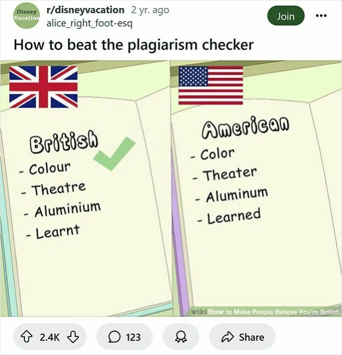 Comparison of British and American spelling in a funny WikiHow caption rewritten for humor.