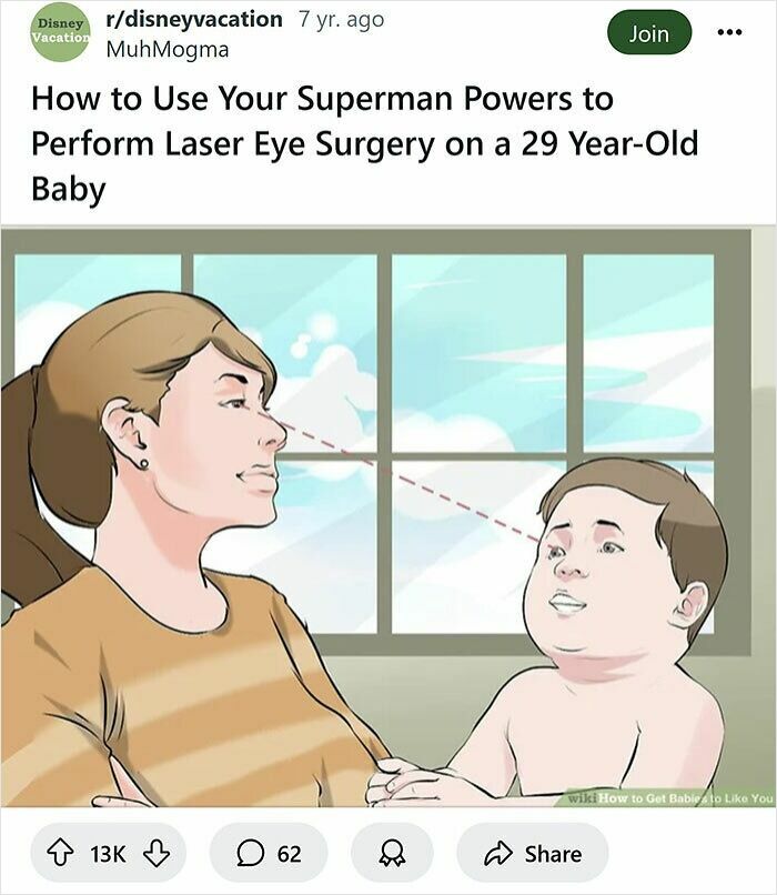 Humorous WikiHow caption rewritten showing a woman using laser eye surgery powers on a baby indoors.
