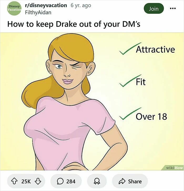 Illustration of a woman winking with humorous rewritten wikiHow captions about avoiding Drake in DMs.
