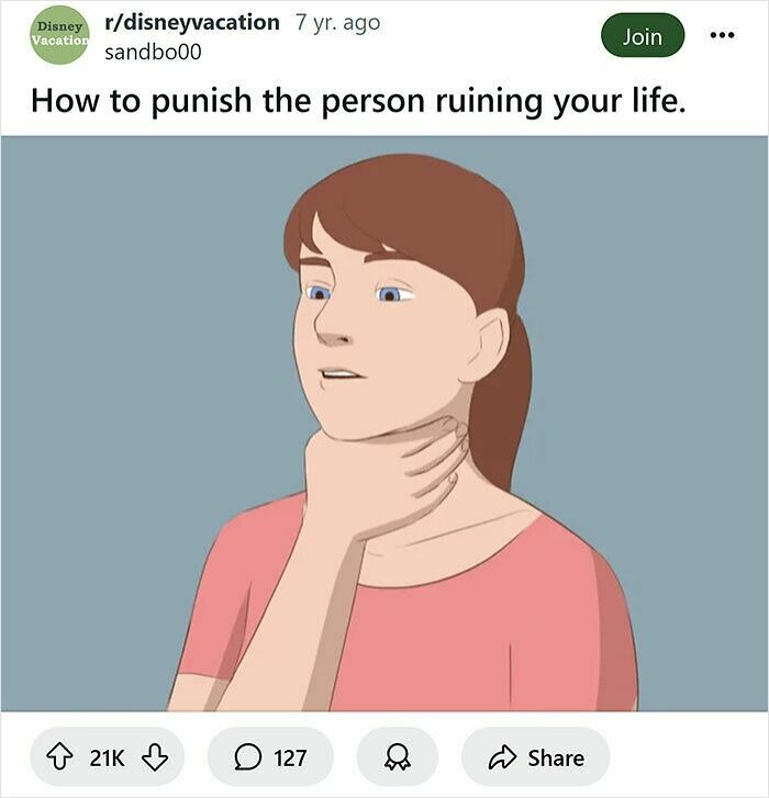 Funny WikiHow caption showing a woman choking herself sarcastically punishing the person ruining your life.