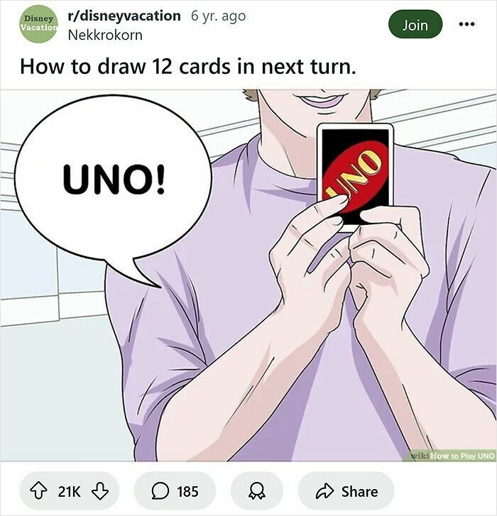 Person holding UNO card with speech bubble saying UNO, a funny rewrite of WikiHow captions about drawing cards.