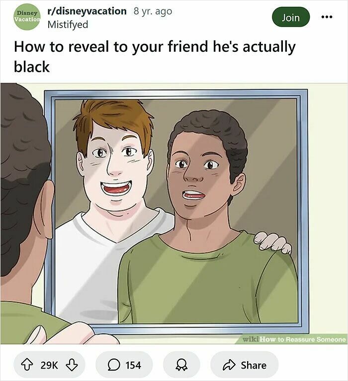 Funny WikiHow caption showing a man seeing a different reflection while looking in a mirror.