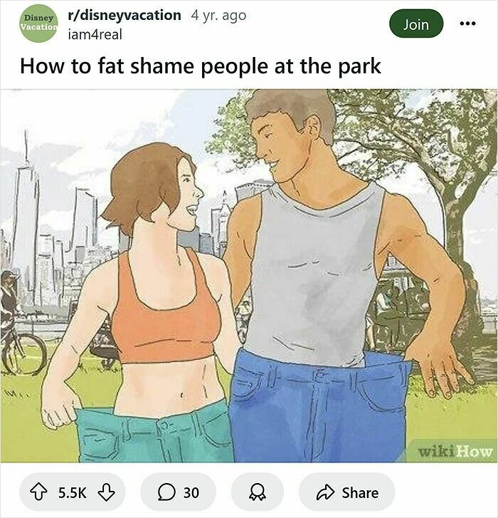Two people at the park wearing oversized pants in a humorous wikiHow caption rewrite about fat shaming.