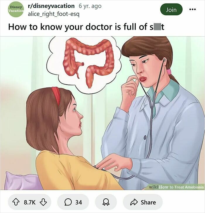 Patient in a doctor's office with stethoscope, humorous WikiHow caption rewrite highlighting funny moments.