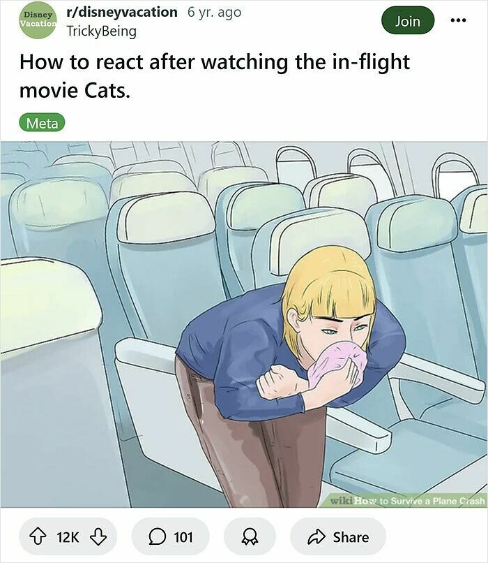Person leaning forward in an airplane seat using an oxygen mask, illustrating funny rewrites of WikiHow captions.