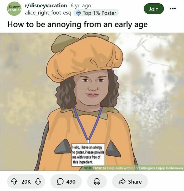 Child in a costume with a humorous WikiHow caption about being annoying from an early age shared on Reddit.