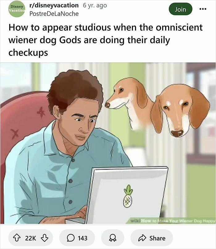 Man on laptop with floating wiener dog heads, a funny rewrite of WikiHow captions for SEO humor.