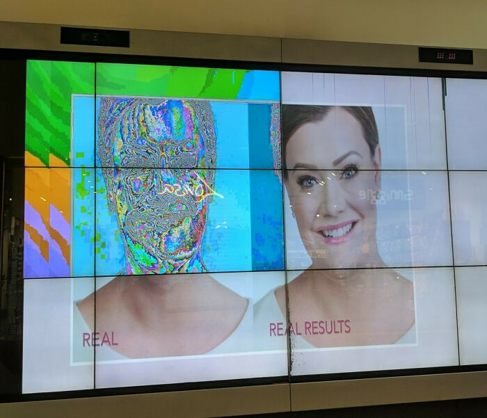 Advertising fail showing unattainable body image with distorted and idealized portraits side by side on digital screen.