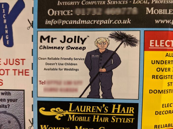 Cartoon chimney sweep holding brush, advertising clean reliable service without using children, funny advertising fail.
