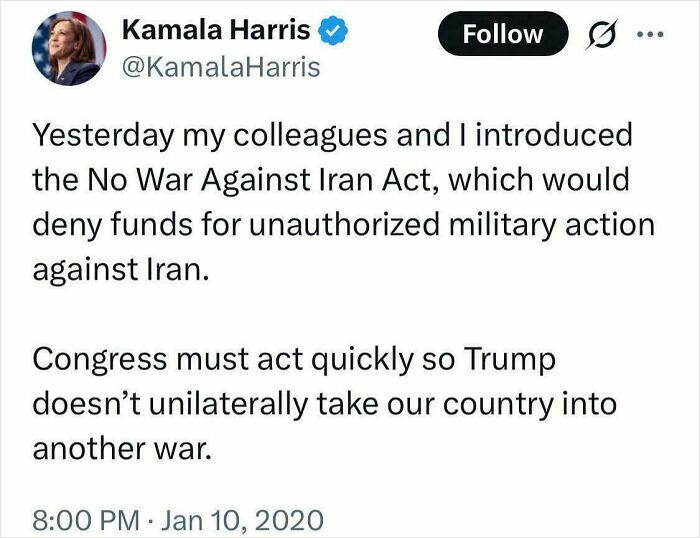 Tweet by Kamala Harris discussing the No War Against Iran Act to prevent unauthorized military action.