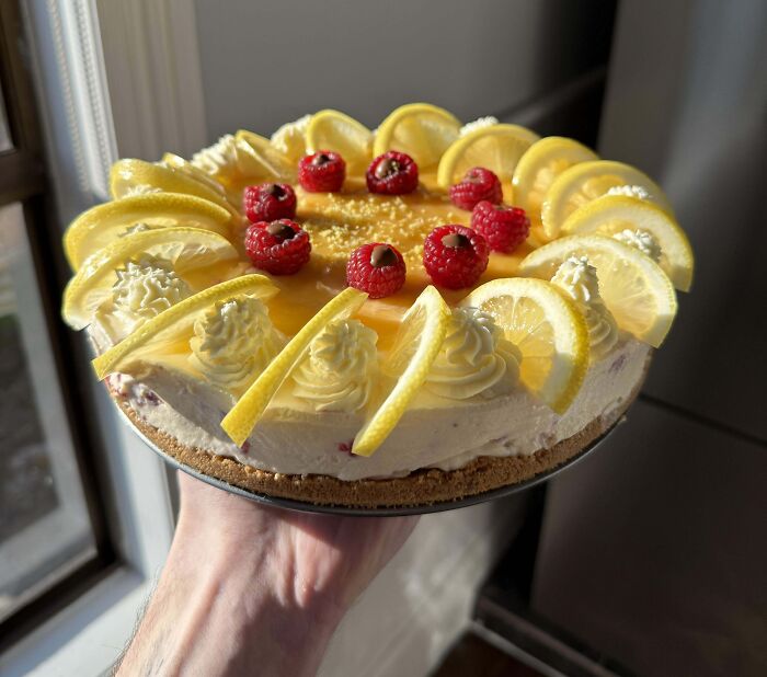 Lemon and raspberry topped incredible bake with whipped cream, held in natural light by a hand near a window.