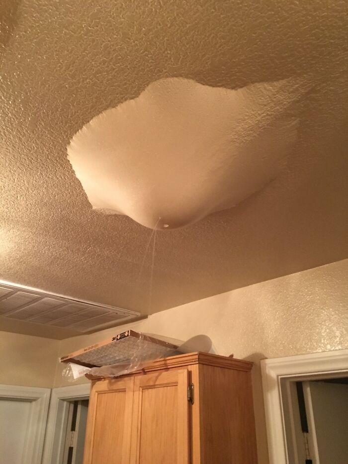 Water leak causing ceiling bulge above wooden kitchen cabinet, showcasing wild nature's impact indoors.