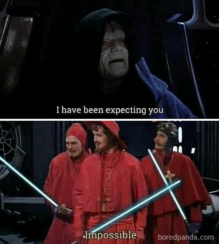 Scene from Star Wars meme showing Emperor Palpatine saying I have been expecting you, followed by red-clad guards with lightsabers.