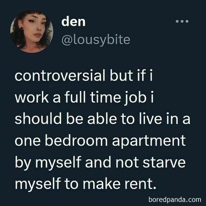 Tweet from user den about work meme expressing frustration about affording rent with a full time job, related to work memes.