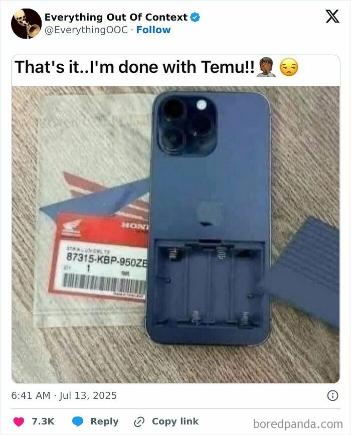 Tweet showing a fake smartphone designed to use batteries, included in hilarious tweets from July with viral humor.