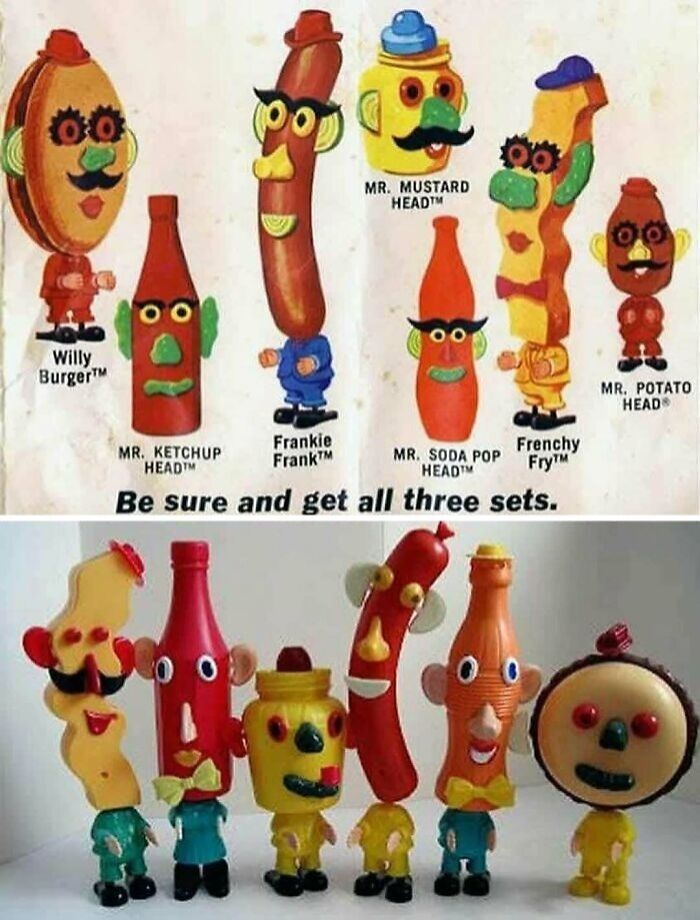 Vintage toy figurines inspired by June Cleavers vintage closet, featuring classic food-themed characters from an old-timey era.