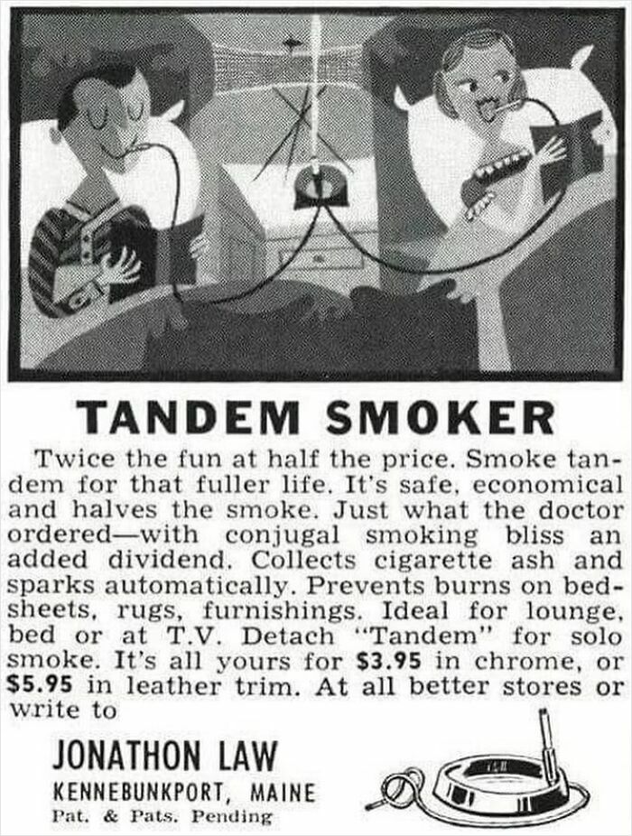 Vintage tandem smoker ad showing a man and woman smoking together in bed, reflecting June Cleavers vintage closet era style.
