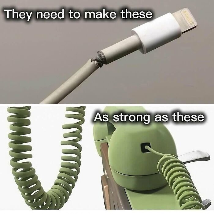 Frayed modern charging cable compared to vintage-style durable coiled telephone cord in nostalgic vintage closet style.