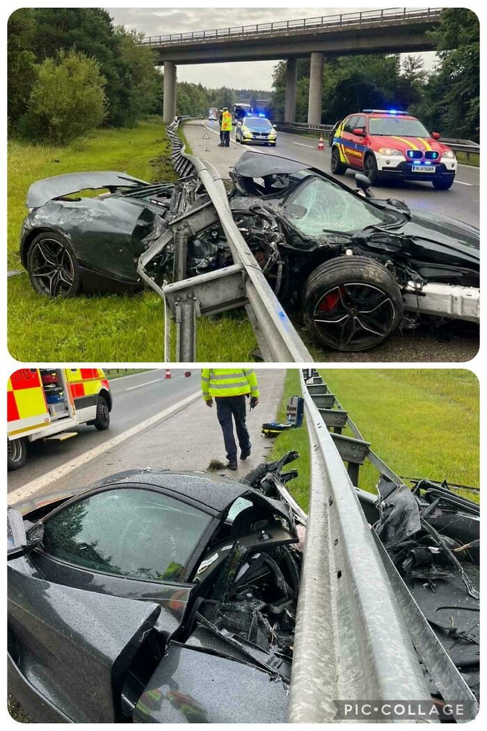 Two images show a severe accident on a highway. A luxury car is totaled against a guardrail, with first responders present. Many accidents like this one happen every day.