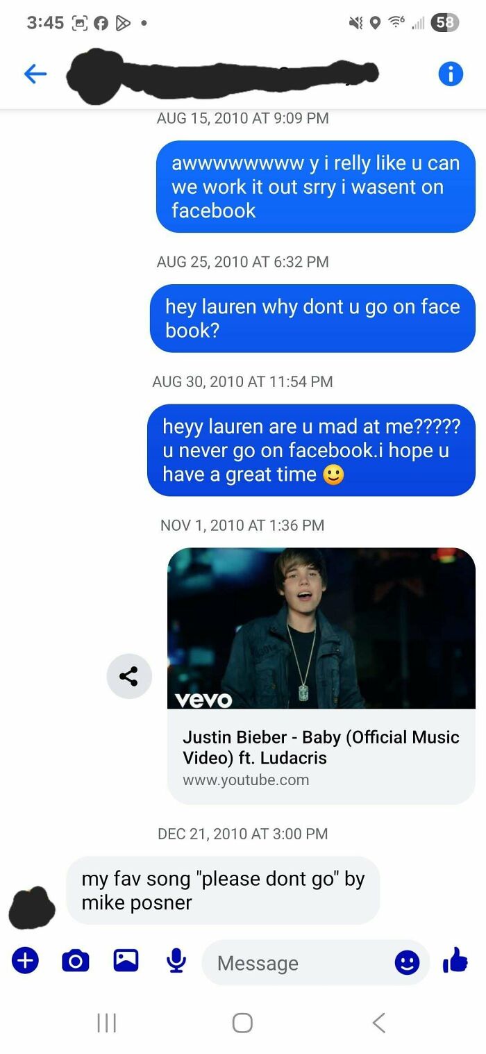Screenshot of regrettable past text messages asking about Facebook and sharing a Justin Bieber music video link.