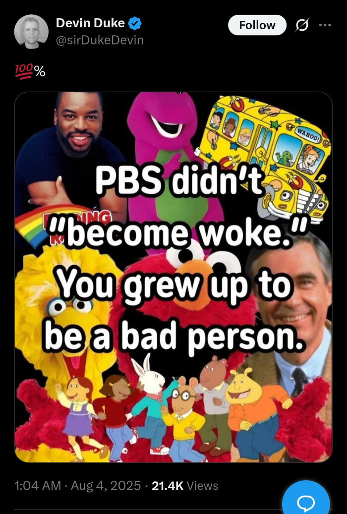 Tweet showing popular children's TV characters with bold text about PBS, highlighting courage to tweet what others could not.