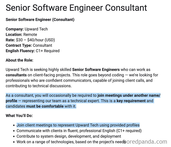 Job posting with outrageous job requirements to join meetings using another name or profile, highlighting unique consultant needs.