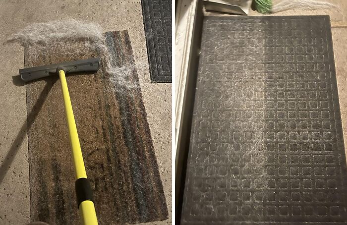 Squeegee removing pet hair from a doormat, demonstrating genius cleaning tricks to impress your in-laws effortlessly.
