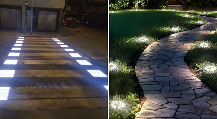 Innovative real-world designs featuring illuminated crosswalk and glowing garden path for safer nighttime navigation.