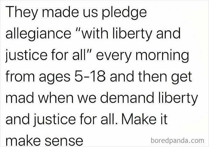 Text post from the chaotic good online group about being taught justice and liberty yet facing unfair treatment.