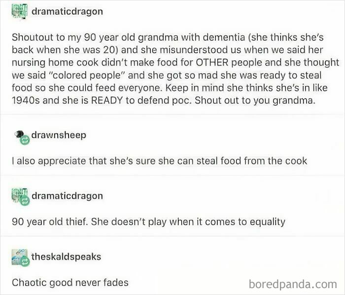 Text conversation showing morally grey acts shared in the chaotic good online group about a 90-year-old grandma stealing food.