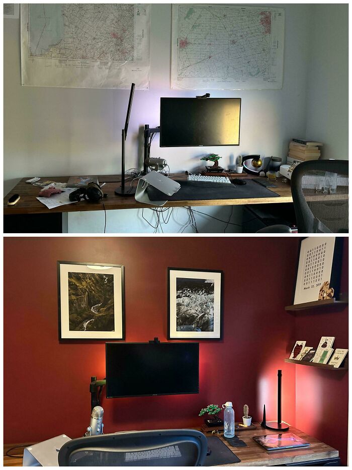Two home office corners decorated with wall art, desk lamps, and organized workspaces showcasing proud home decorating.