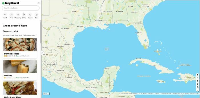 MapQuest interface showing a Gulf of Mexico map with local dining options, highlighting morally grey acts in chaotic good groups.