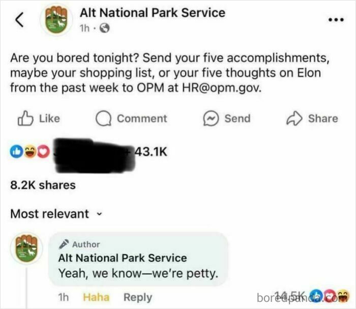 Screenshot of a social media post from Alt National Park Service showing a sarcastic and chaotic good comment.