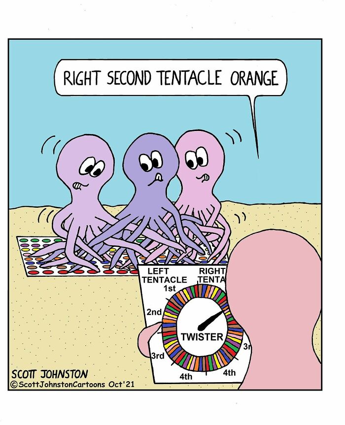 Octopus characters playing Twister in a funny one-panel comic by Canadian cartoonist Scott Johnston.