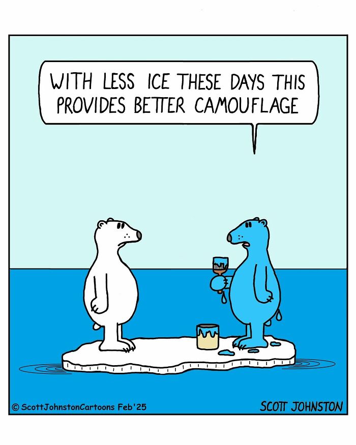 Funny one-panel comic by Canadian cartoonist Scott Johnston showing a blue bear painting itself for camouflage on melting ice.