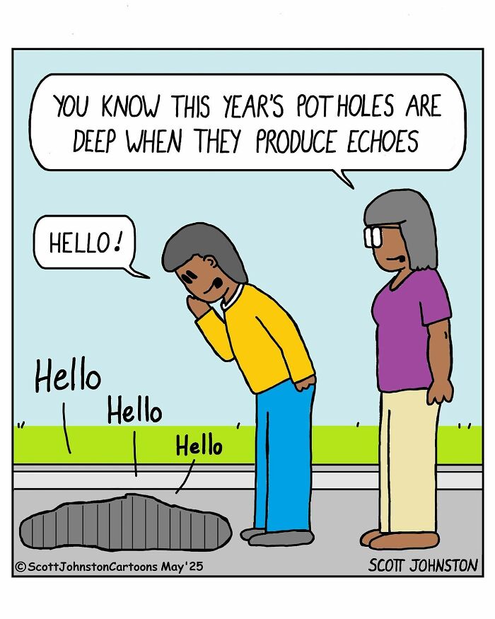 Two people observe a deep pothole echoing the word hello in a funny one-panel comic by cartoonist Scott Johnston.