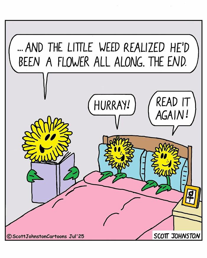 Funny one-panel comic by Canadian cartoonist Scott Johnston showing happy flowers in bed enjoying a story about a little weed.