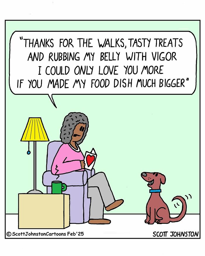 One-panel comic by Scott Johnston showing a person reading to a dog asking for a bigger food dish.