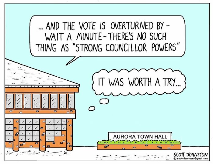One-panel comic by Canadian cartoonist Scott Johnston depicting a humorous town hall vote scene.