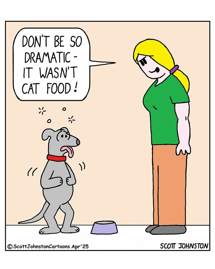 Funny one-panel comic by Canadian cartoonist Scott Johnston showing a dog reacting to food with a humorous twist.